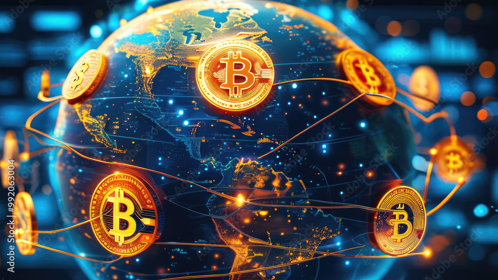 Fototapeta premium Glowing Blockchain Network Encircling the Earth: A Global Digital Revolution