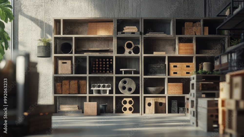 Fototapeta premium Modular shelving system crafted from recycled materials