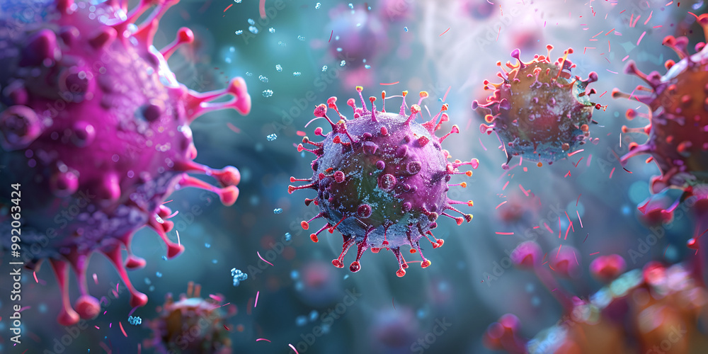 viral particles in fluid, virus cell interaction, detailed viral structures, influenza virus spreading in plant cell viral particles in fluid, virus cell interaction, detailed viral structures, influenza virus spreading in plant cell
