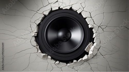 Large black speaker emerging from cracked wall photo