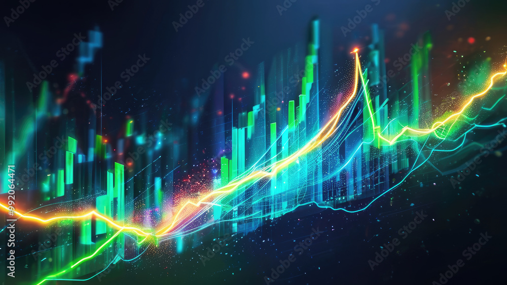 Glowing Lines and Beams: Upward-Trending Financial Charts in Light Glowing Lines and Beams: Upward-Trending Financial Charts in Light