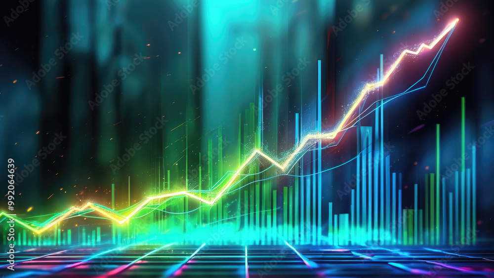 Glowing Lines and Beams: Upward-Trending Financial Charts in Light Glowing Lines and Beams: Upward-Trending Financial Charts in Light