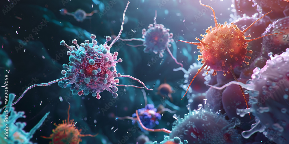 microscopic virus visualization, immune response attack, virus particles under microscope, cancer cell microscopic virus visualization, immune response attack, virus particles under microscope, cancer cell