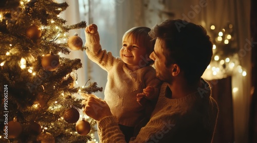 Family with young child decorating Christmas tree with lights in cozy home interior
