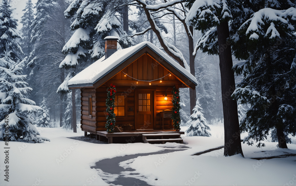 Magical Christmas landscape: winter forest with a beautiful wooden house decorated with New Year's decorations among snowdrifts. Magical Christmas landscape: winter forest with a beautiful wooden house decorated with New Year's decorations among snowdrifts.