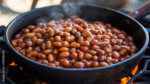 Baked beans are cooked in a sweet sauce made from molasses. They are often cooked with salt pork and are a popular dish in New England. photo