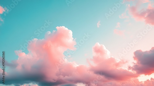 Blue and pink sky with fluffy clouds moving gently.