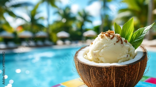 Nance fruit sorbet served coconut shell colorful poolside table palm trees and a sparkling pool softly blurred behind promoting a refreshing and healthy dessert Scientific name Byrsonima crassifolia photo