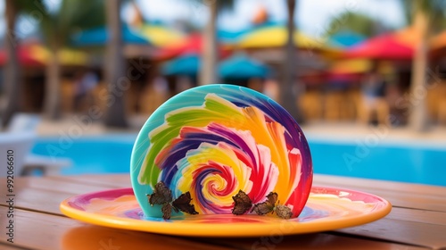 Nance fruits arranged spiral pattern brightly colored ceramic plate beachside caf colorful drinks palm trees softly blurred behind creating lively exotic setting Scientific name Byrsonima crassifolia photo