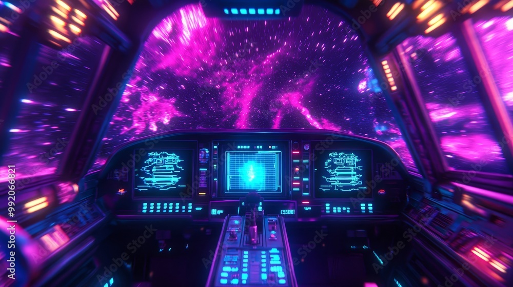 Fototapeta premium Pilot's Perspective: Cosmic Journey Through a Nebula in a High-Tech Spaceship Cockpit