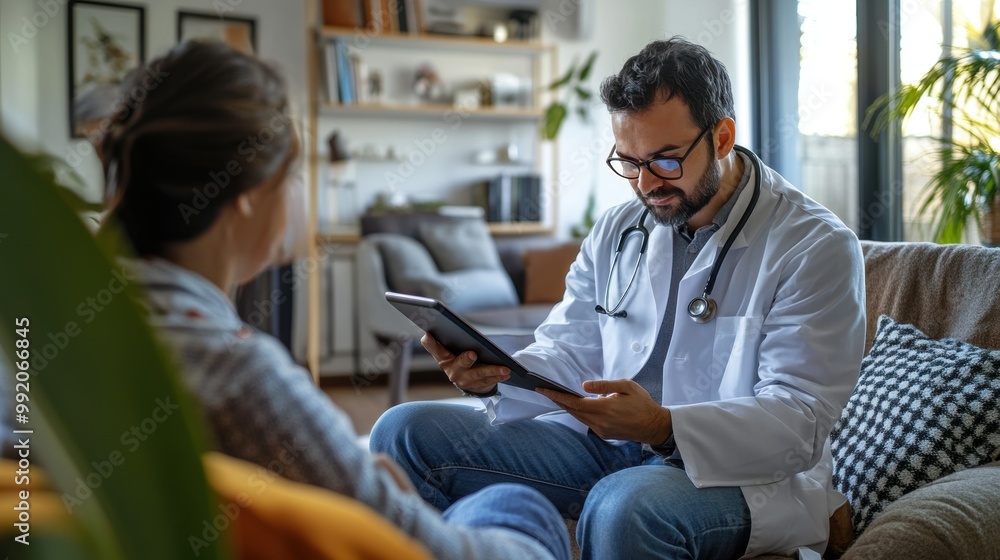 Doctor consulting patient at home, modern healthcare and telemedicine concept Doctor consulting patient at home, modern healthcare and telemedicine concept