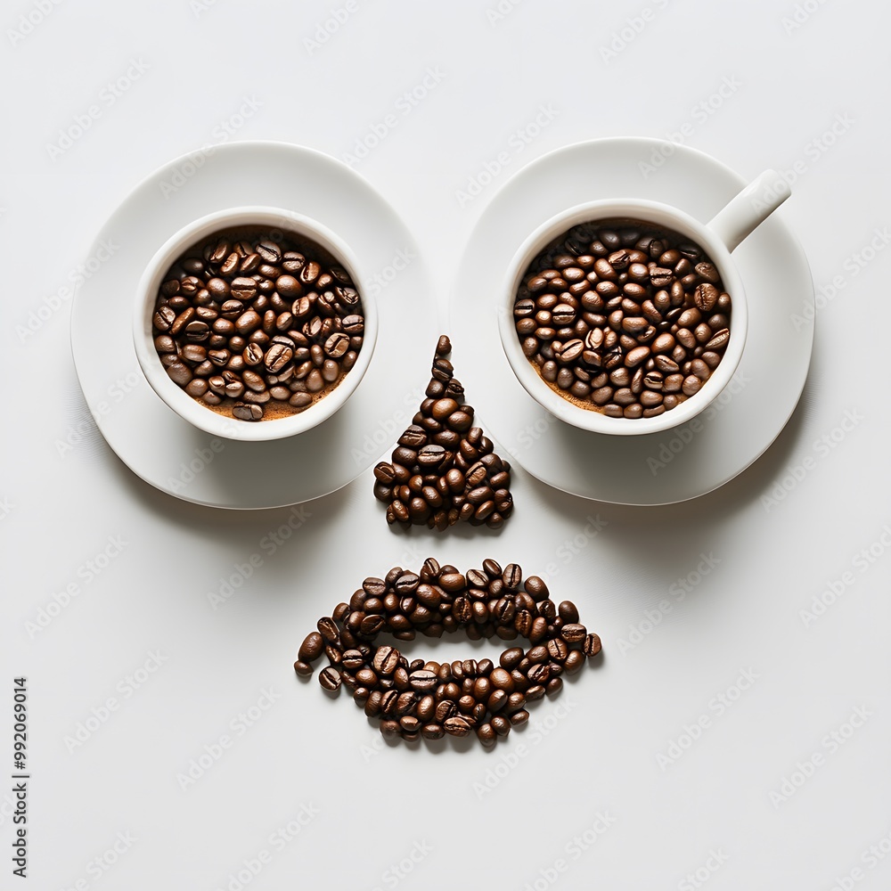 Coffee beans arranged as a face using two cups of coffee for eyes, creative minimal design Coffee beans arranged as a face using two cups of coffee for eyes, creative minimal design