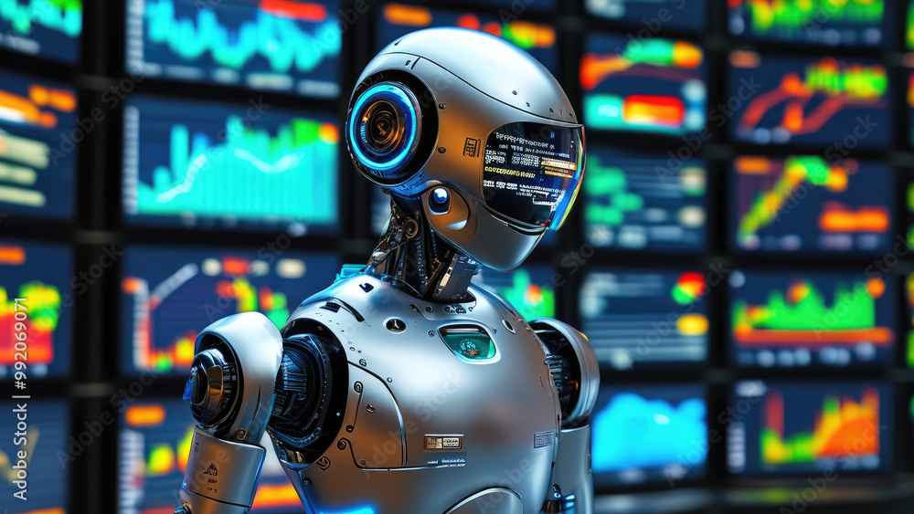 Futuristic Robot Standing Amidst Screens Displaying Financial Data Futuristic Robot Standing Amidst Screens Displaying Financial Data