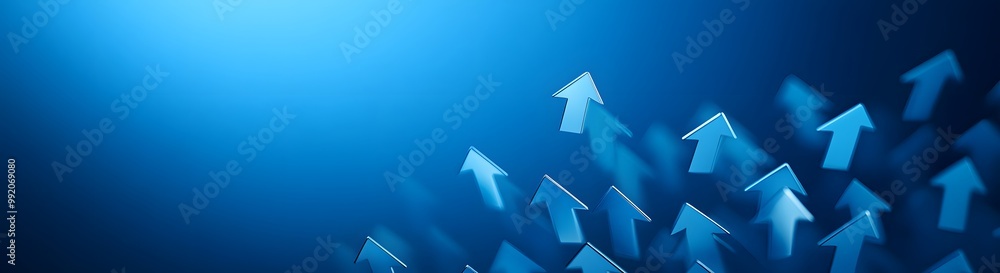 Blue arrows pointing upward with a glowing effect, business growth concept on a blue background Blue arrows pointing upward with a glowing effect, business growth concept on a blue background