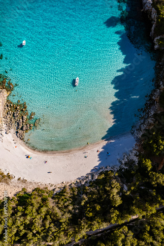 Drone view of Cala Escorxada beach, Menorca on a sunny day photo