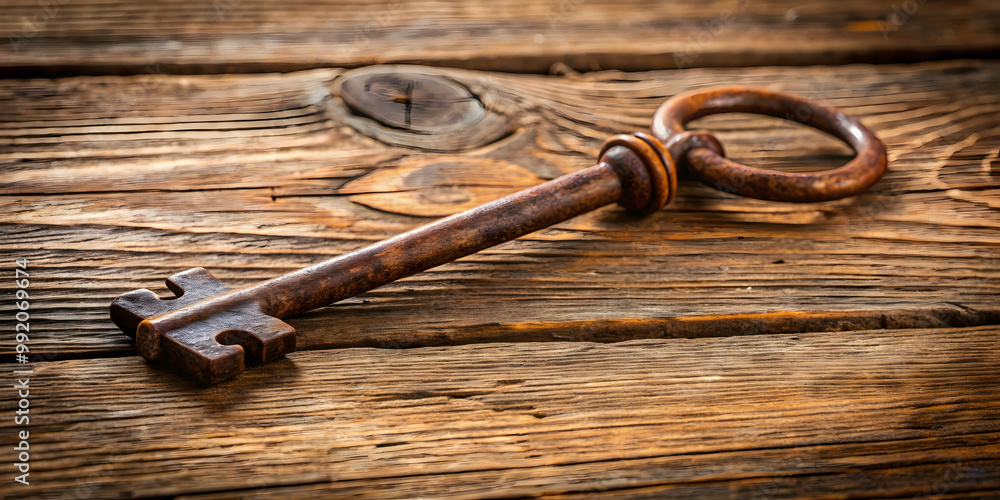An antique rusty key on a weathered wooden table , vintage, old, aged, ancient, retro, time-worn, aged, historic, weathered, rust An antique rusty key on a weathered wooden table , vintage, old, aged, ancient, retro, time-worn, aged, historic, weathered, rust