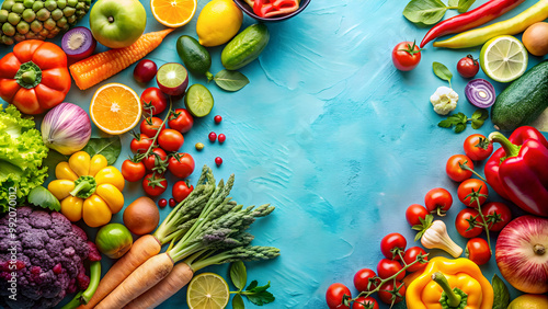 Vibrant flat lay composition of organic fruits and vegetables on light blue background, organic, harvest, vibrant