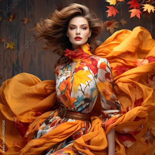 Explore the creativity of a fashion-savvy individual as they adorn themselves in autumn motifs, creating a stunning tapestry of holiday-inspired patterns in a fluid, splash art design.