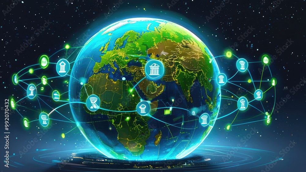 Fototapeta premium Earth Enveloped by Interconnected Banks: A Global Financial Network