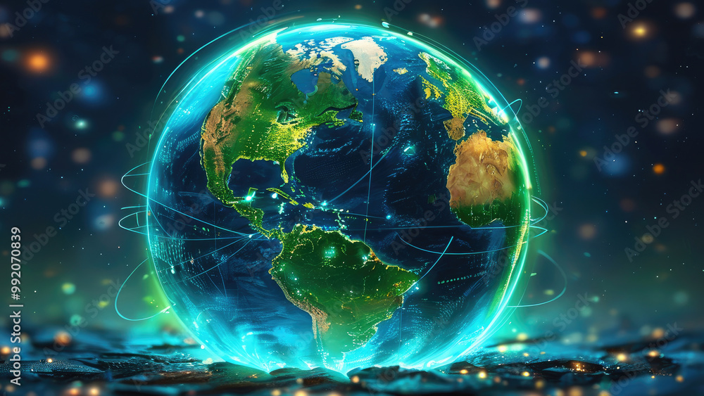 Obraz premium Earth Enveloped by Interconnected Banks: A Global Financial Network