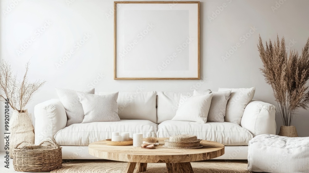 Round wooden coffee table near white sofa against wall with poster frame Scandinavian home interior design of modern living room Round wooden coffee table near white sofa against wall with poster frame Scandinavian home interior design of modern living room