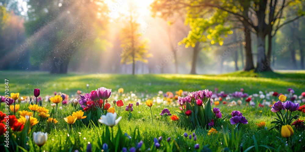 Obraz premium Peaceful morning in the park with dew-covered grass, colorful flowers, and a serene atmosphere, morning, park, dew, grass