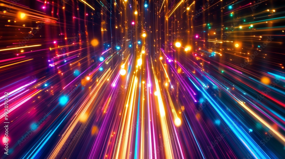 Colorful beams of laser light cascade downwards, creating a captivating display. Colorful beams of laser light cascade downwards, creating a captivating display.