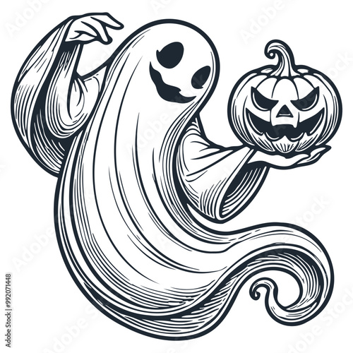 Ghost Holding Carved Jack-o'-Lantern Pumpkin. Halloween Themed Cartoon of Friendly Ghost in a Flowing Cloak with a Pumpkin. Vector Illustration Isolated on White. Spooky Halloween Design