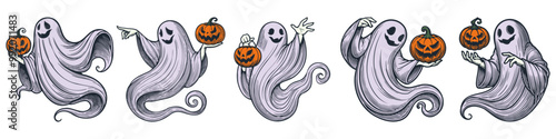 Ghost Holding Carved Jack-o'-Lantern Pumpkin. Halloween Themed Cartoon of Friendly Ghost in a Flowing Cloak with a Pumpkin. Vector Illustration Set Isolated on White. Spooky Halloween Design
