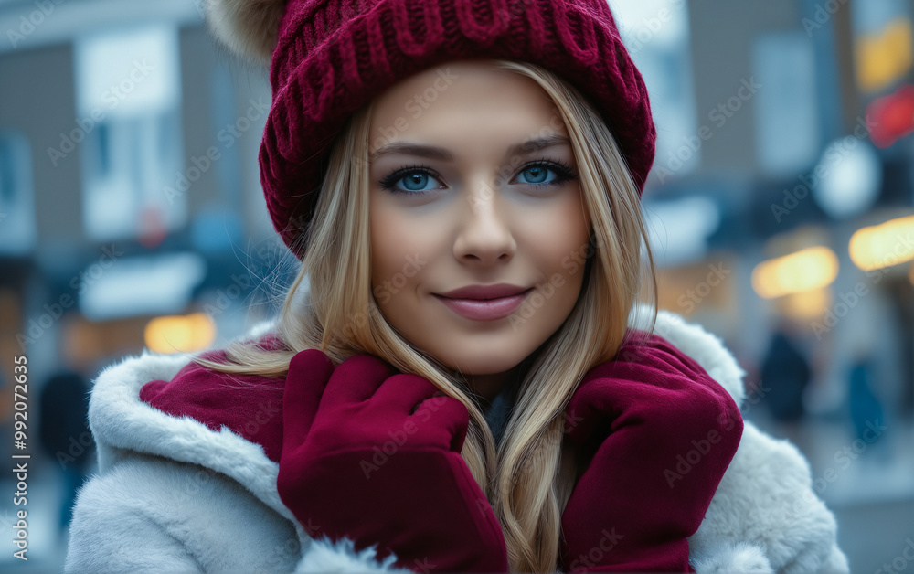 Portrait of an attractive young woman in a knitted hat and white fur coat on the streets of a winter city. Model wearing stylish warm clothes. City lifestyle. Portrait of an attractive young woman in a knitted hat and white fur coat on the streets of a winter city. Model wearing stylish warm clothes. City lifestyle.