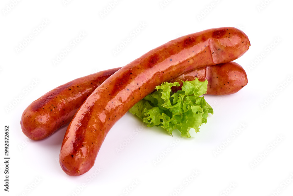 Grilled bratwurst Pork Sausages, close-up, isolated on white background Grilled bratwurst Pork Sausages, close-up, isolated on white background