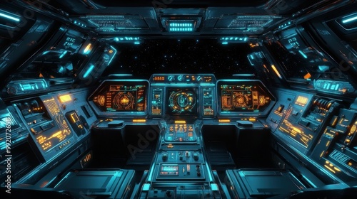 Retro style spaceship cockpit with glowing dials and futuristic dashboard