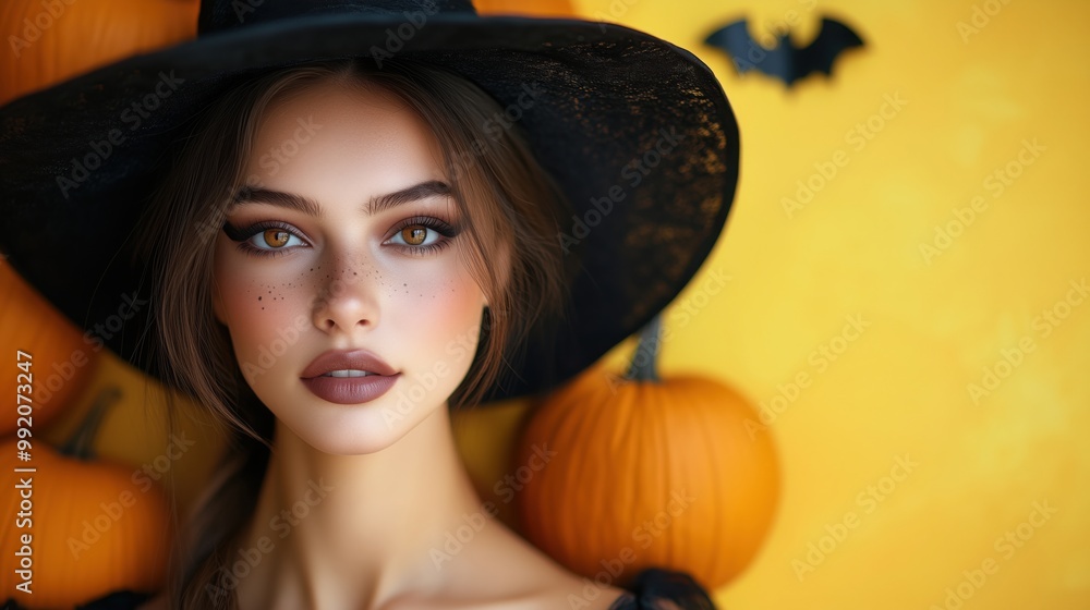 Portrait of young woman in black witch costume, hat in Halloween decorations. Beautiful European woman near pumpkins, bat. Empty yellow background, copy space. Portrait of young woman in black witch costume, hat in Halloween decorations. Beautiful European woman near pumpkins, bat. Empty yellow background, copy space.