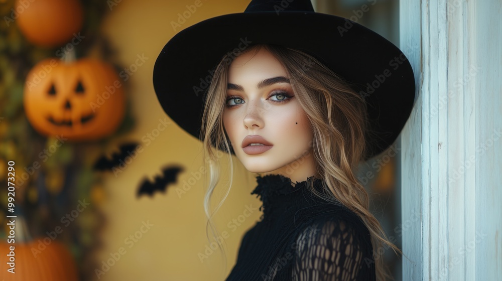 Young beautiful European, attractive woman in witch costume, black hat. Nearby is blurred Halloween decor: yellow pumpkins, bats. Modern witch aesthetics. Young beautiful European, attractive woman in witch costume, black hat. Nearby is blurred Halloween decor: yellow pumpkins, bats. Modern witch aesthetics.