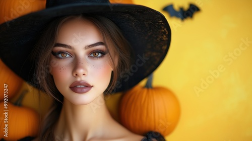 Portrait of young woman in black witch costume, hat in Halloween decorations. Beautiful European woman near pumpkins, bat. Empty yellow background, copy space.