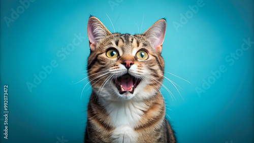 Laughing cat with bright eyes and open mouth on plain blue background, copy space, cat, feline, pet, animal, laughing, happy
