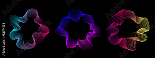 A set of multicolored neon sound waves. Sound lines, radial spectrum, sound equalizers. Colorful equalizer background. Colorful cover for music poster and banner. Vector radial spectrum.