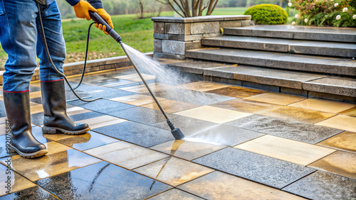 Cleaning stone slabs with high-pressure cleaner , stone, slabs, outdoor, power washing, maintenance, cleaning tool
