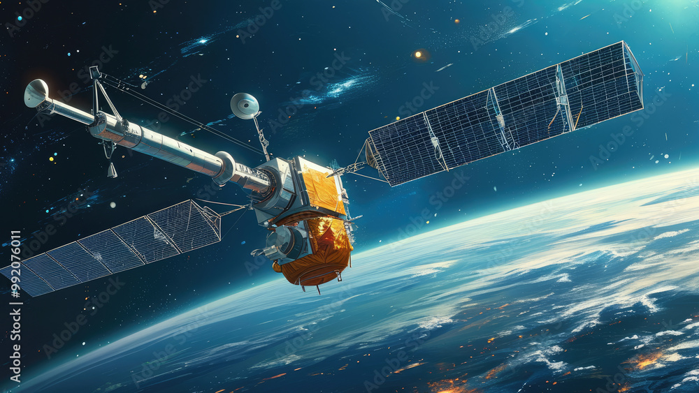 Obraz premium Satellite Orbiting Earth: A Dance in Space