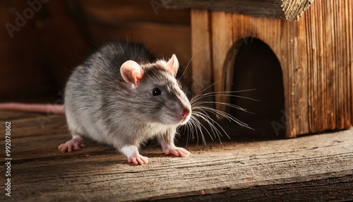 Rat in an old wooden barn. photo