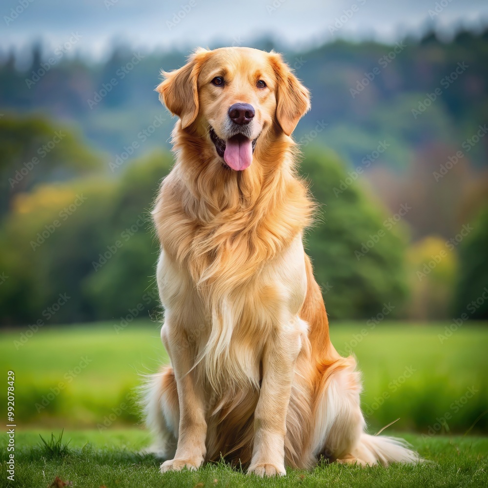Big golden retriever sitting proudly in a lush green field on a sunny day. Generative AI Big golden retriever sitting proudly in a lush green field on a sunny day. Generative AI