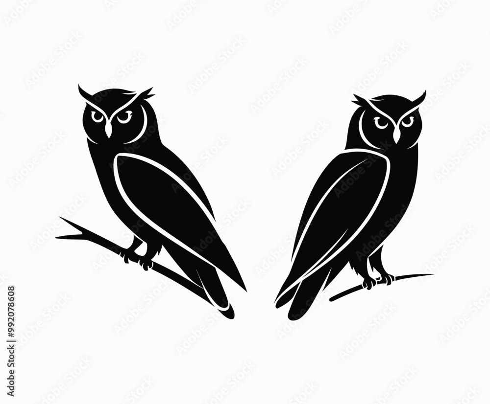 Fototapeta premium Owl bird silhouette editable EPS vector isolated illustration template on a white background