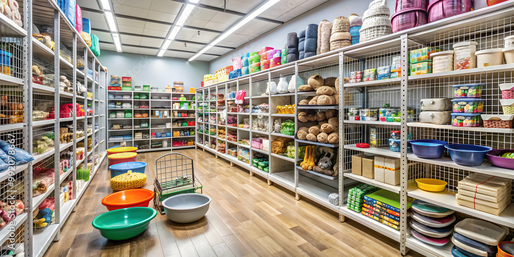 Pet store interior with rows of shelves stocked with various pet supplies and accessories , Pet supplies, animals, retail Pet store interior with rows of shelves stocked with various pet supplies and accessories , Pet supplies, animals, retail
