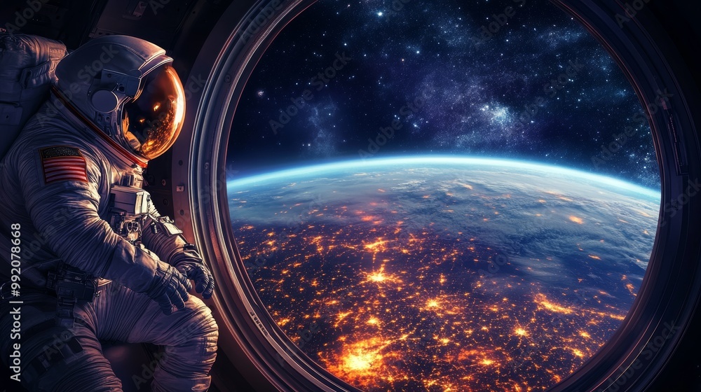 Astronaut gazing at Earth from spaceship porthole, city lights and planet view. Astronaut gazing at Earth from spaceship porthole, city lights and planet view.