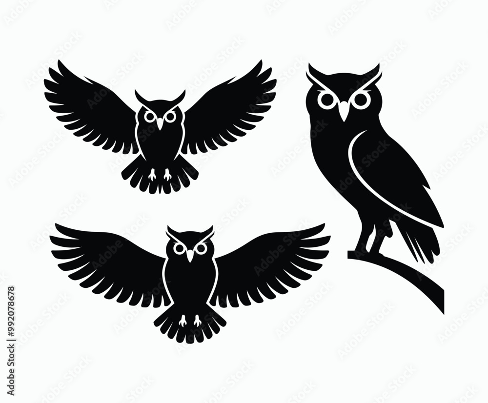 Obraz premium Owl bird silhouette editable EPS vector isolated illustration template on a white background