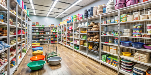 Pet store interior with rows of shelves stocked with various pet supplies and accessories , Pet supplies, animals, retail photo