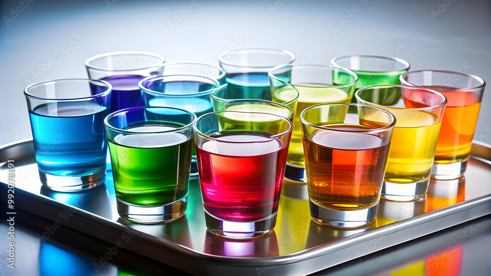 Tray filled with glasses of colorful liquid , drink, beverage, refreshment, glassware, serving tray, assortment, celebration Tray filled with glasses of colorful liquid , drink, beverage, refreshment, glassware, serving tray, assortment, celebration