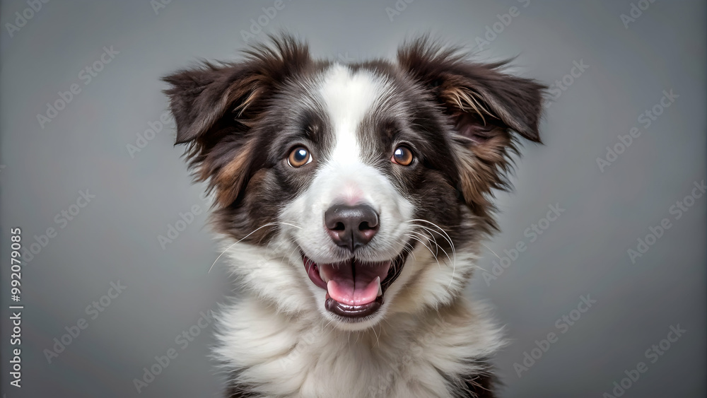 Fluffy Border Collie puppy looking directly at the camera with a big grin, Border Collie, fluffy, isolated, puppy, dog Fluffy Border Collie puppy looking directly at the camera with a big grin, Border Collie, fluffy, isolated, puppy, dog