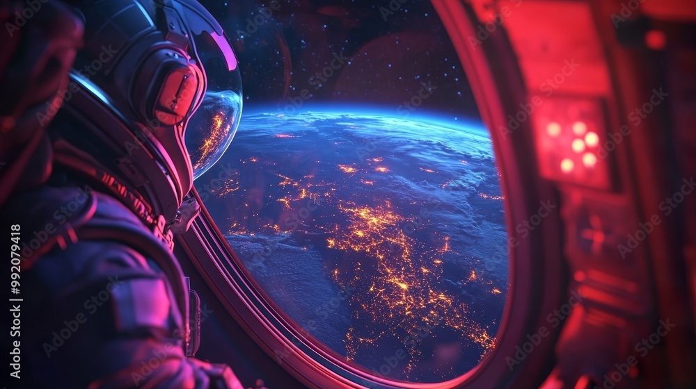 Astronaut gazing at Earth from spaceship porthole, city lights and planet view. Astronaut gazing at Earth from spaceship porthole, city lights and planet view.