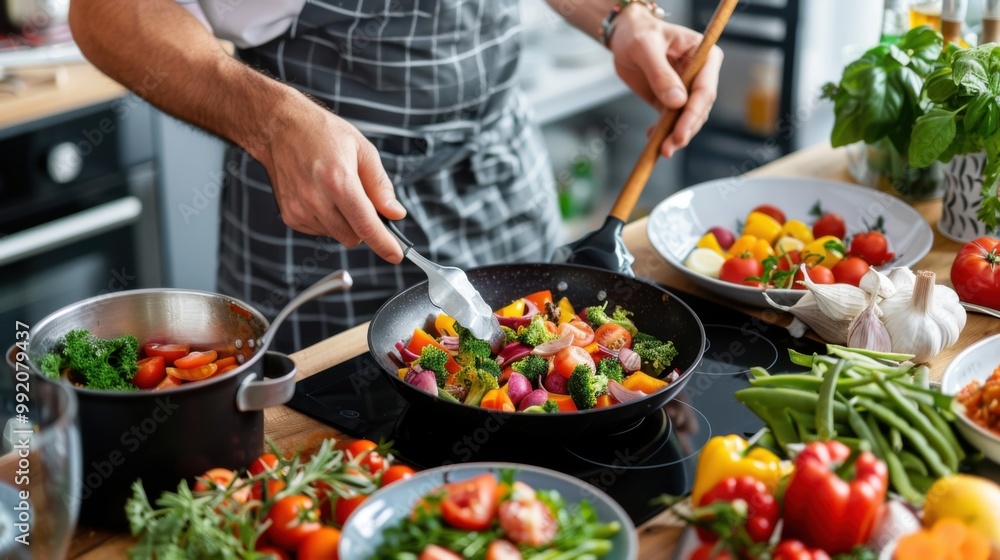 Colorful Family Cooking in Modern Kitchen Colorful Family Cooking in Modern Kitchen